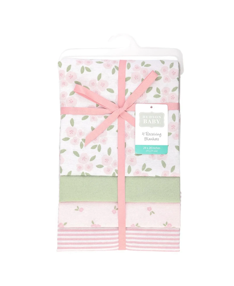 Hudson Baby Girl Cotton Poly Flannel Receiving Blankets 4-Pack, Sweet Little Floral, One Size