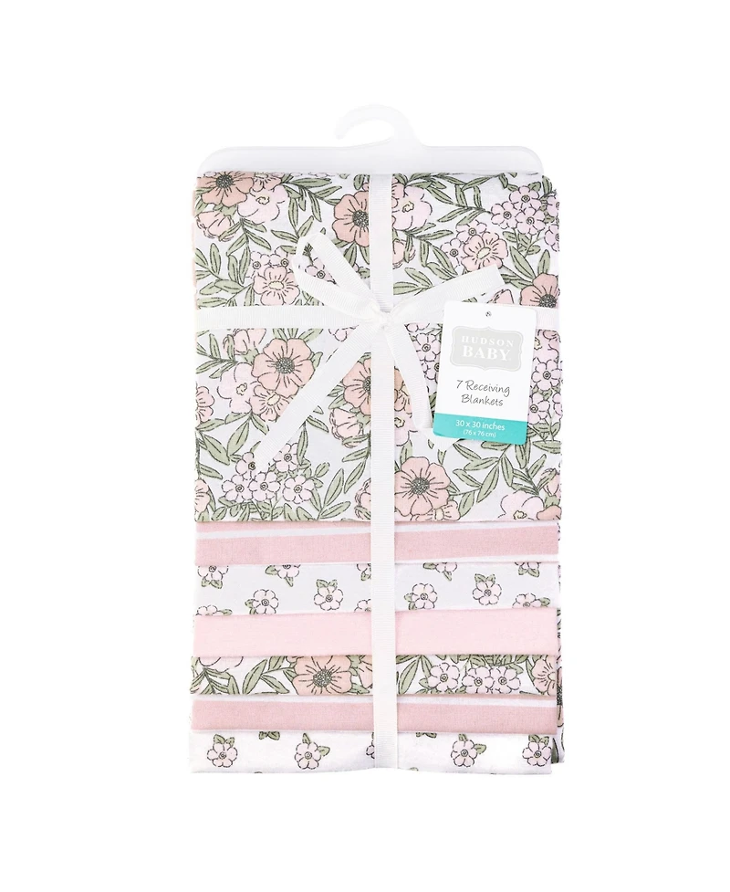 Hudson Baby Girl Cotton Poly Flannel Receiving Blankets Bundle 7-Pack, Soft Pink Floral, One Size