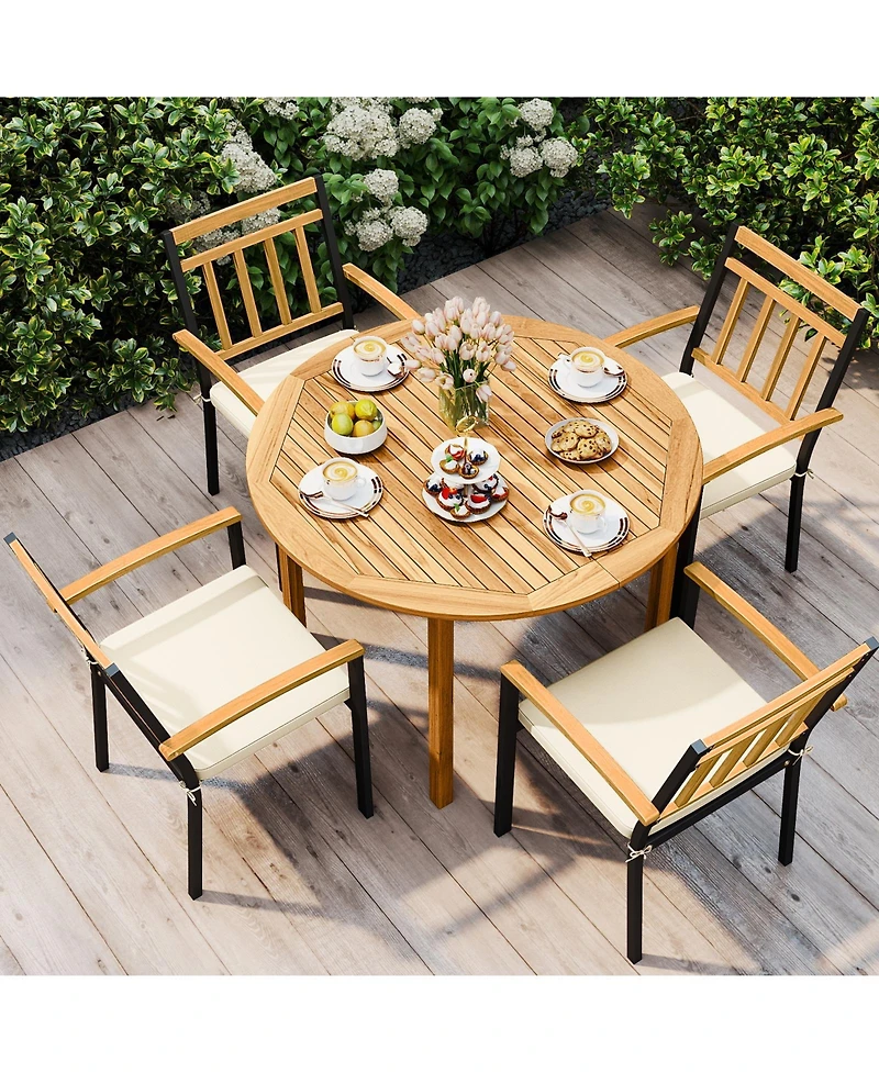 Sugift 5-Piece Acacia Wood Round Patio Dining Set with Cushions