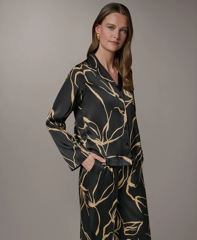 Donna Karan New York Petite Long-Sleeve Collared Neck Top