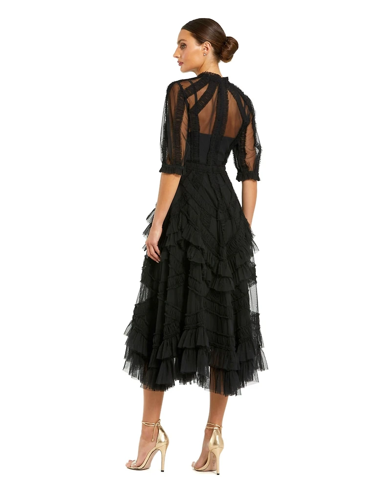 Mac Duggal Petite Illusion High Neck Tiered Ruffle A-Line Midi Dress
