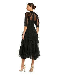 Mac Duggal Petite Illusion High Neck Tiered Ruffle A-Line Midi Dress