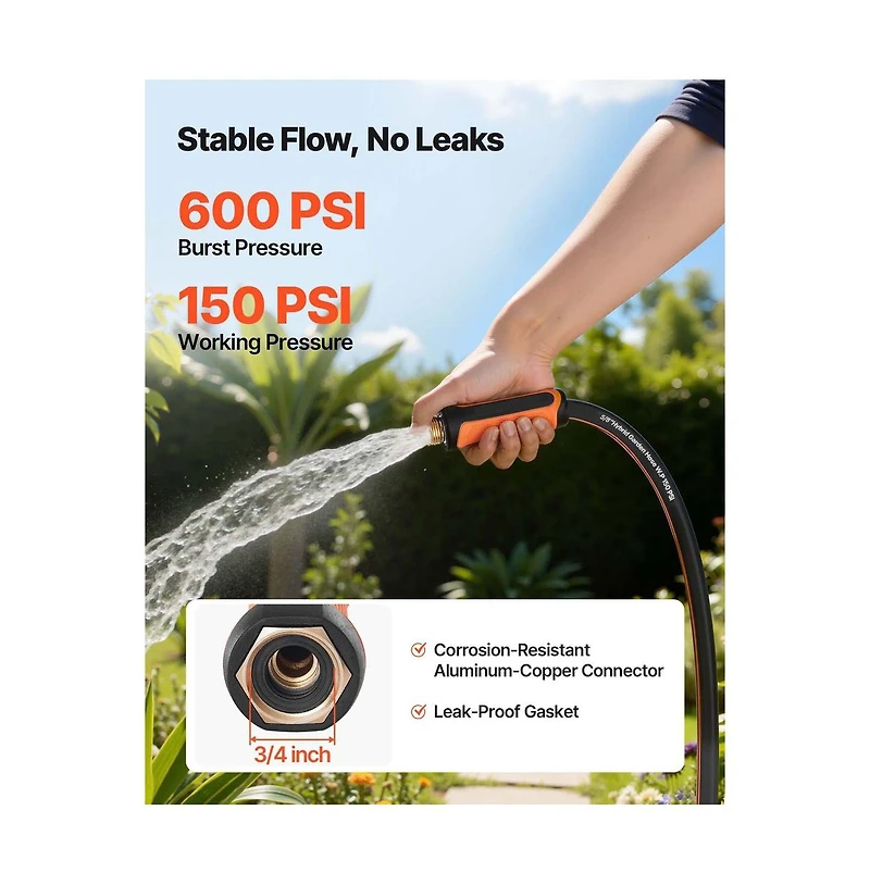 Sugift Garden Hose 75 ft 5/8" Heavy Duty 4-Layer Rubber Water Hose