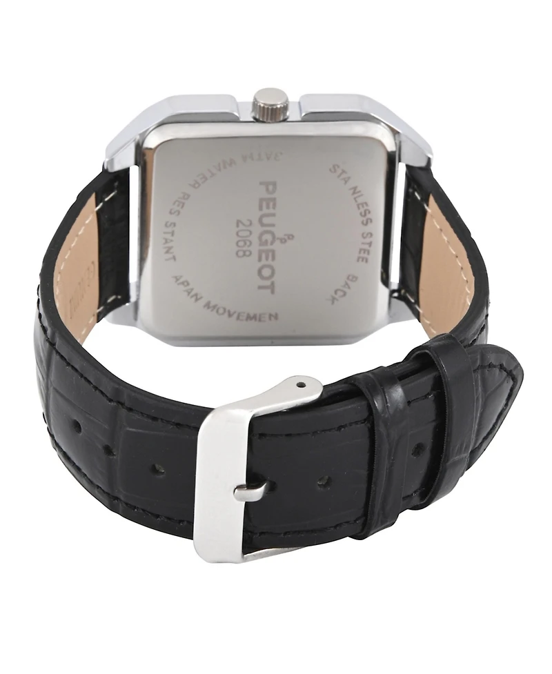 Peugeot Men's White Dial Square Vintage Dress Watch with Roman Numeral Dial and Black Leather Strap