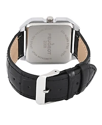 Peugeot Men's White Dial Square Vintage Dress Watch with Roman Numeral Dial and Black Leather Strap