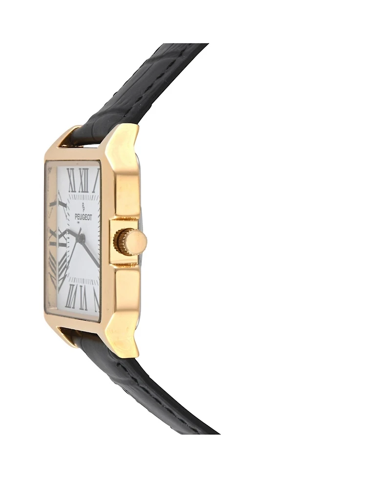 Peugeot Men's 14K Gold-Plated Square Vintage Dress Watch with Roman Numeral Dial and Leather Strap