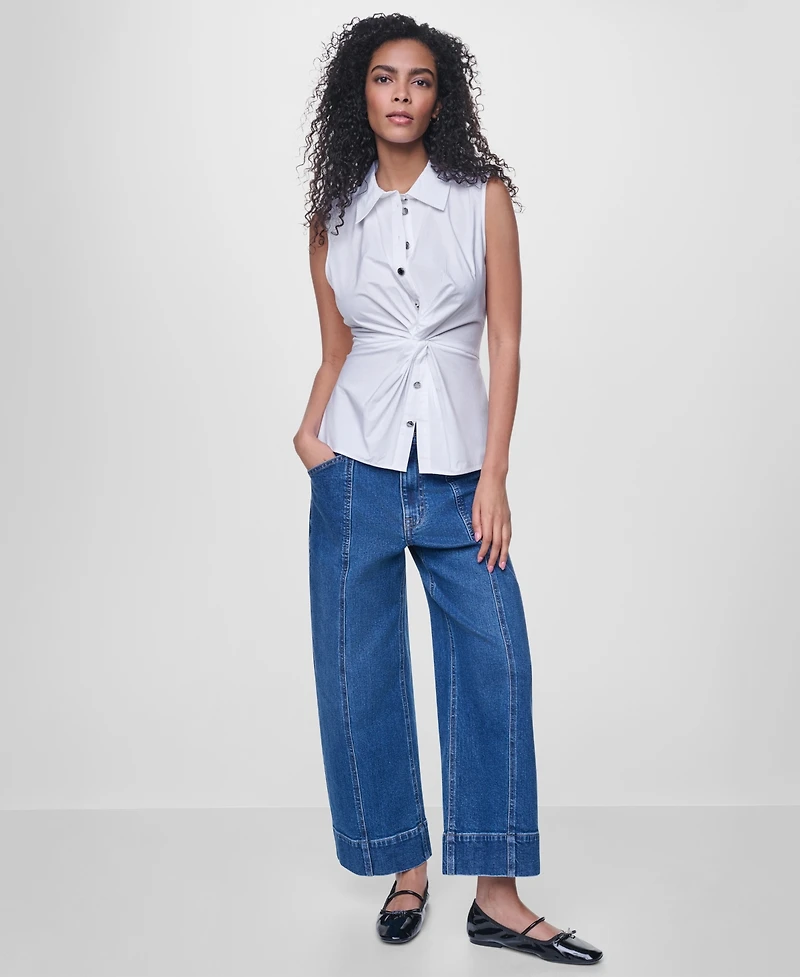 Dkny Jeans Women's Sleeveless Collared Twist Front Button-Up Shirt