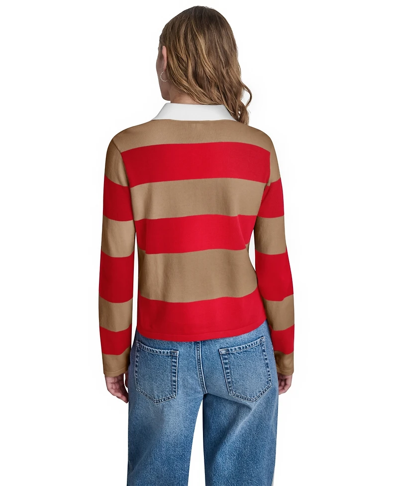 Dkny Jeans Women's Long-Sleeve Logo Charm Multi-Stripe Cotton Polo Sweater