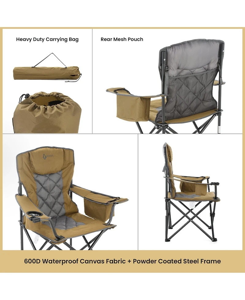Arrowhead Outdoor Folding Camp Chair w/ Headrest, Cup and Wine Glass Holder, Armrest 6-can Cooler, Carry Bag, 550 lbs Capacity
