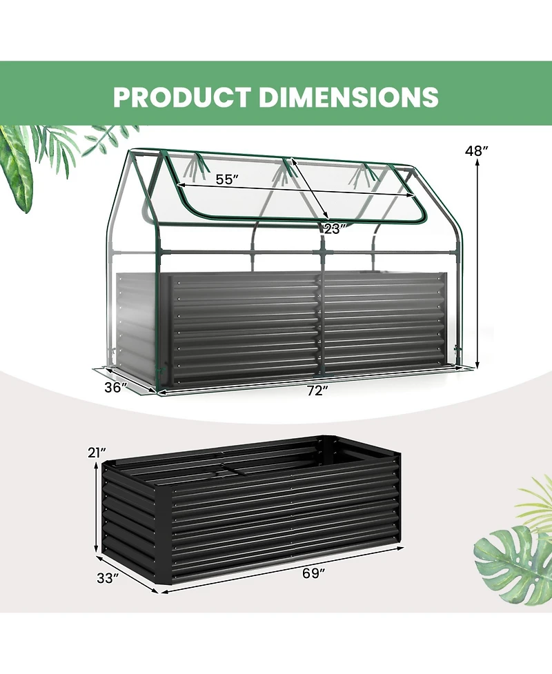 Gymax Galvanized Raised Garden Bed w/ Cover Planter Box Mini Greenhouse Sliver and Clear