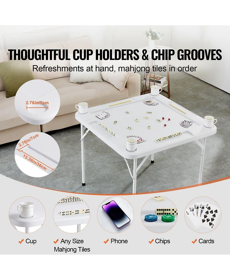 Mecale 35.4" Square Folding Mahjong Table for 4 Players, Cup Holders & Chip Trays, Includes Domino Set, Portable Game Table, White