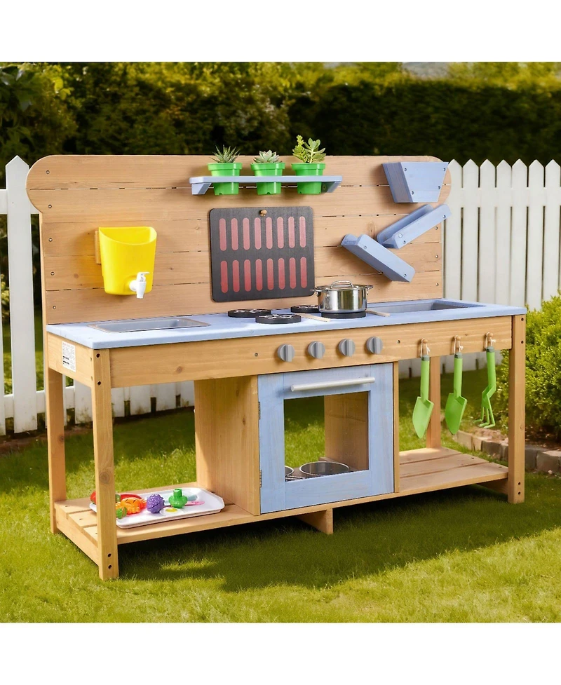 Mecale Wooden Outdoor Mud Kitchen with Double Sinks for Kids, Ages 3