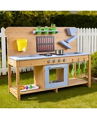 Mecale Wooden Outdoor Mud Kitchen with Double Sinks for Kids, Ages 3