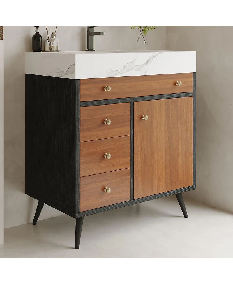 Sillysis 30 Inch Walnut Freestanding Bathroom Vanity with Sintered Stone Top, Modern Ceramic Sink, Gold Metal Legs, Storage Drawer
