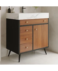 Sillysis 30 Inch Walnut Freestanding Bathroom Vanity with Sintered Stone Top, Modern Ceramic Sink, Gold Metal Legs, Storage Drawer