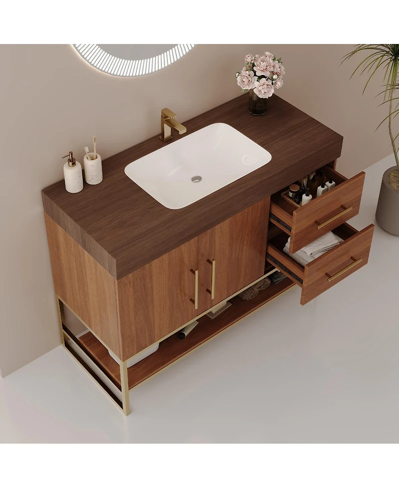Sillysis 36 Inch Freestanding Bathroom Vanity with Sintered Stone Top, Ceramic Sink, Gold Steel Legs, Modern Storage Drawers