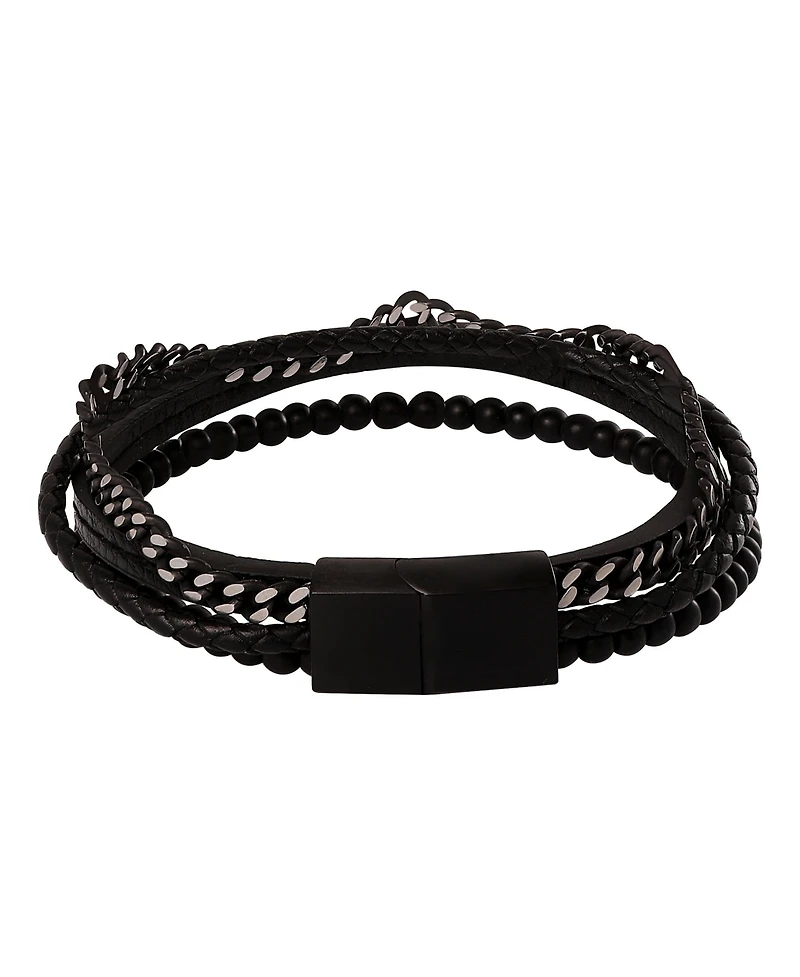 Lucky Brand Mens All Black Beaded & Leather Layered Bracelet with Magnetic Clasp