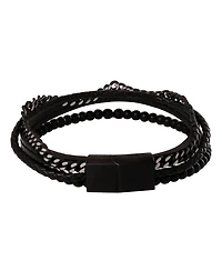 Lucky Brand Mens All Black Beaded & Leather Layered Bracelet with Magnetic Clasp