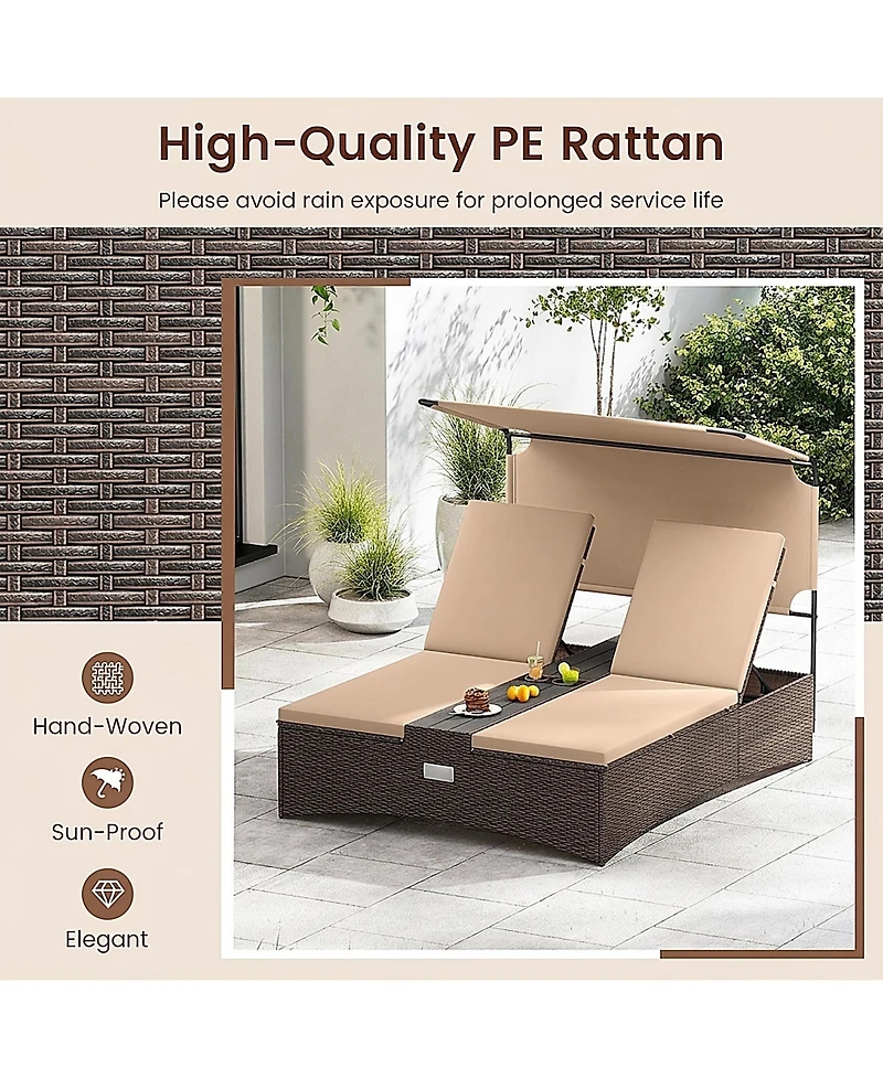 2-Person Pe Rattan Patio Daybed with Adjustable Backrests