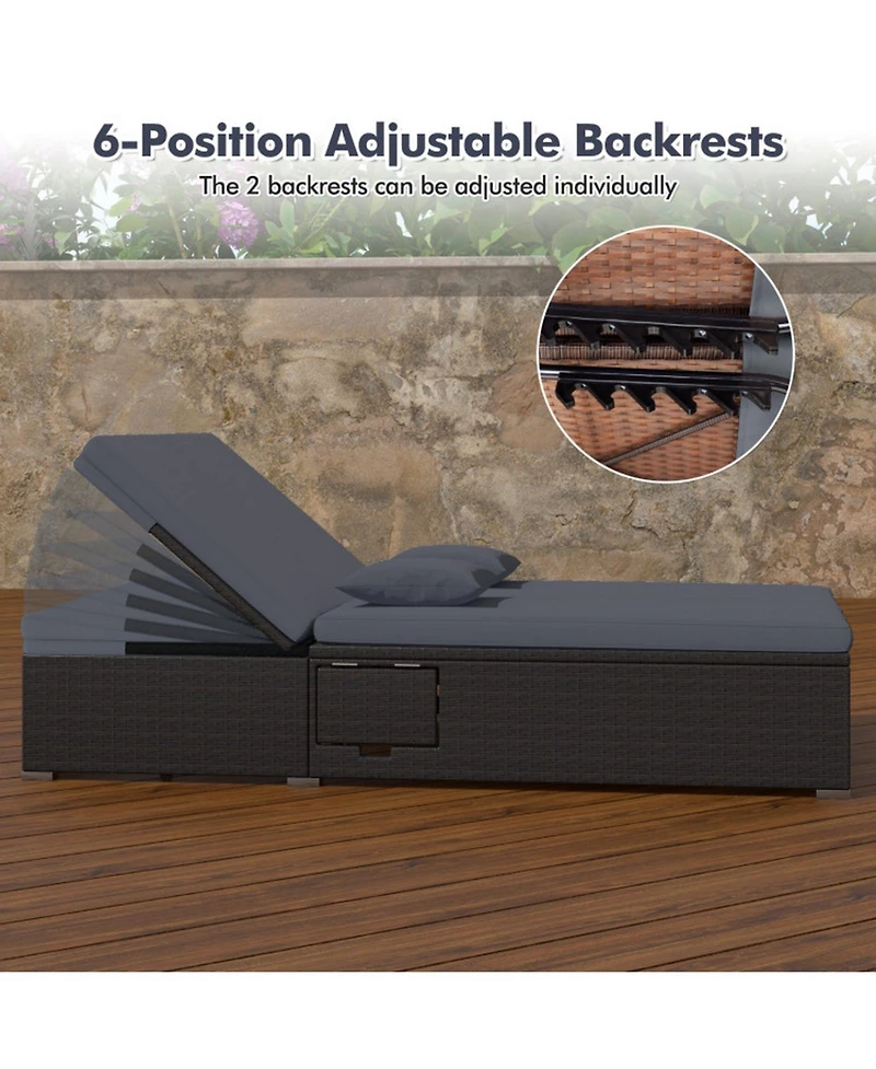 Sugift Patio Double Chaise Lounge with Cushions and Folding Side Trays