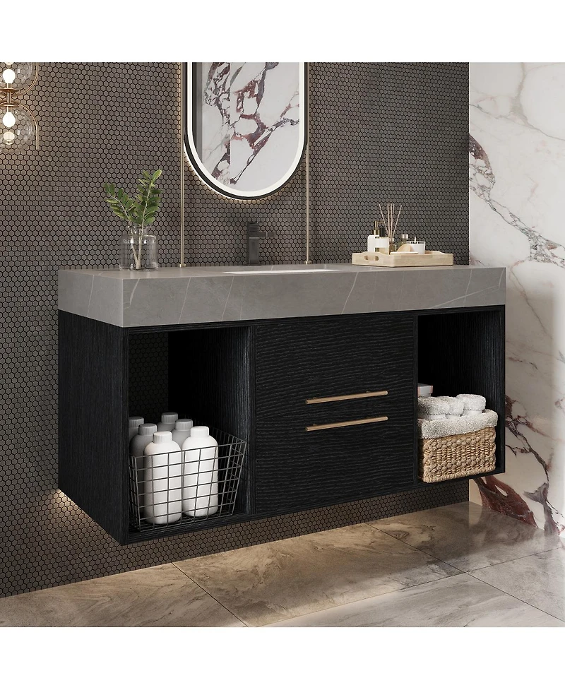 Sillysis Wall Mounted Bathroom Vanity with Faux Marble Top and Ceramic Sink, Open Shelf Plywood Cabinet
