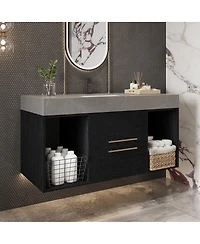 Sillysis Wall Mounted Bathroom Vanity with Faux Marble Top and Ceramic Sink, Open Shelf Plywood Cabinet