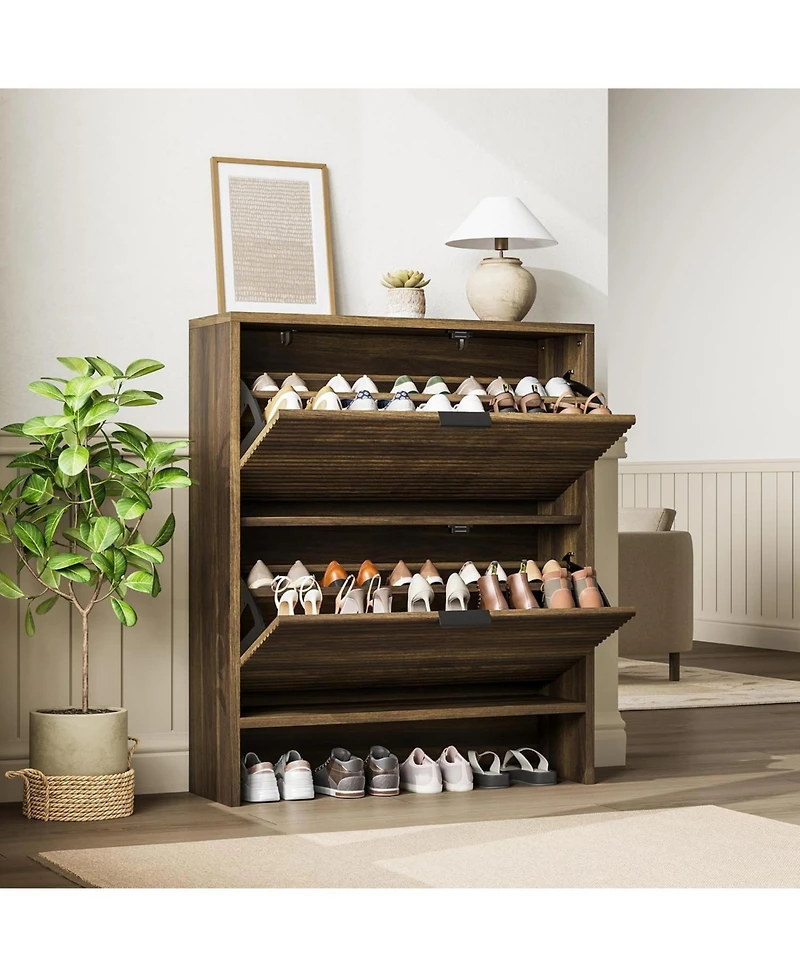 gaomon Tall Freestanding Entryway Shoe Cabinet Recessed Design, 2 Flip-Up Drawer Doors, Hidden Rack Ideal for Hallways and Living Rooms