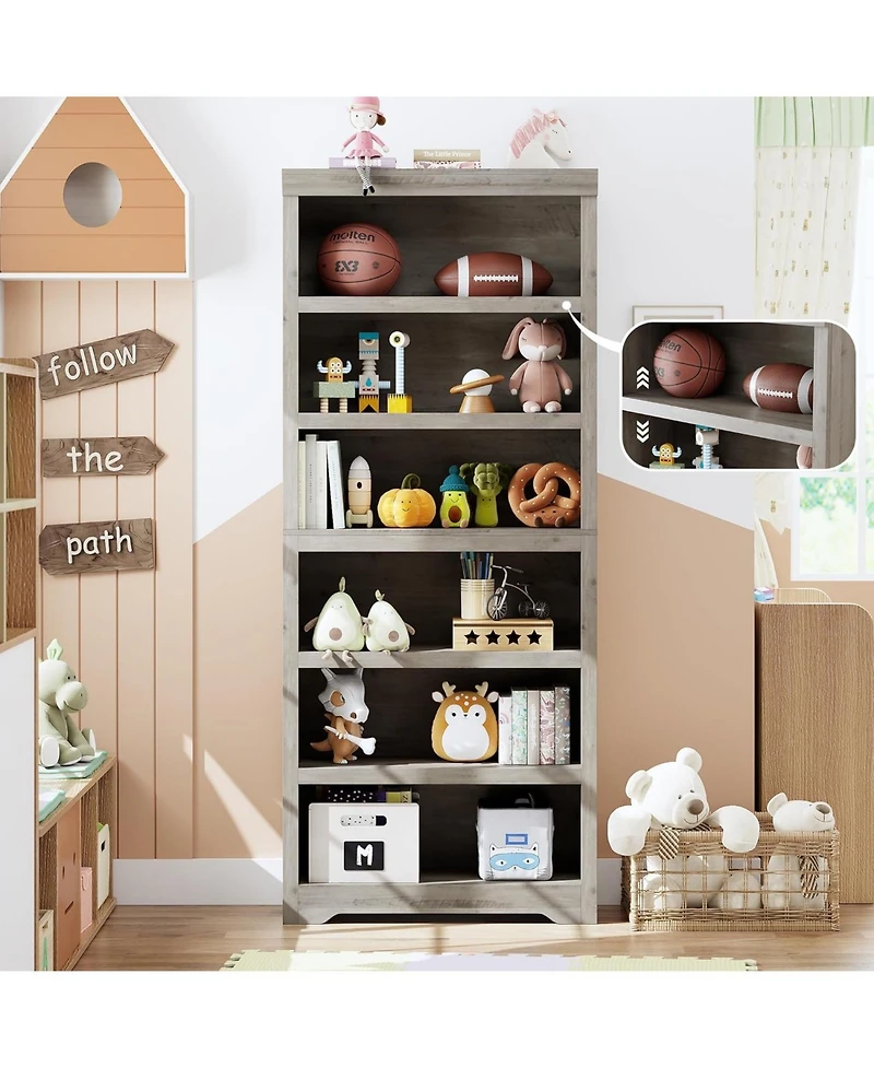 gaomon 6-Tier Farmhouse Bookshelf, 75" Tall Open Bookcase with Adjustable Shelves, 31.5" Wide Storage for Home Office Living Room Bedroom