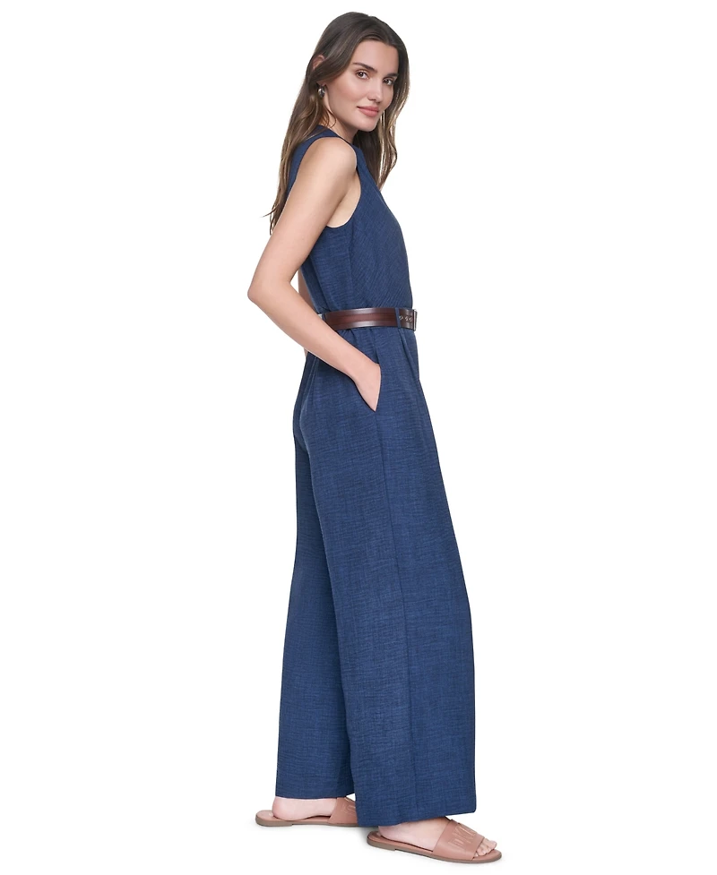 Dkny Women's Collared Sleeveless Belted Jumpsuit