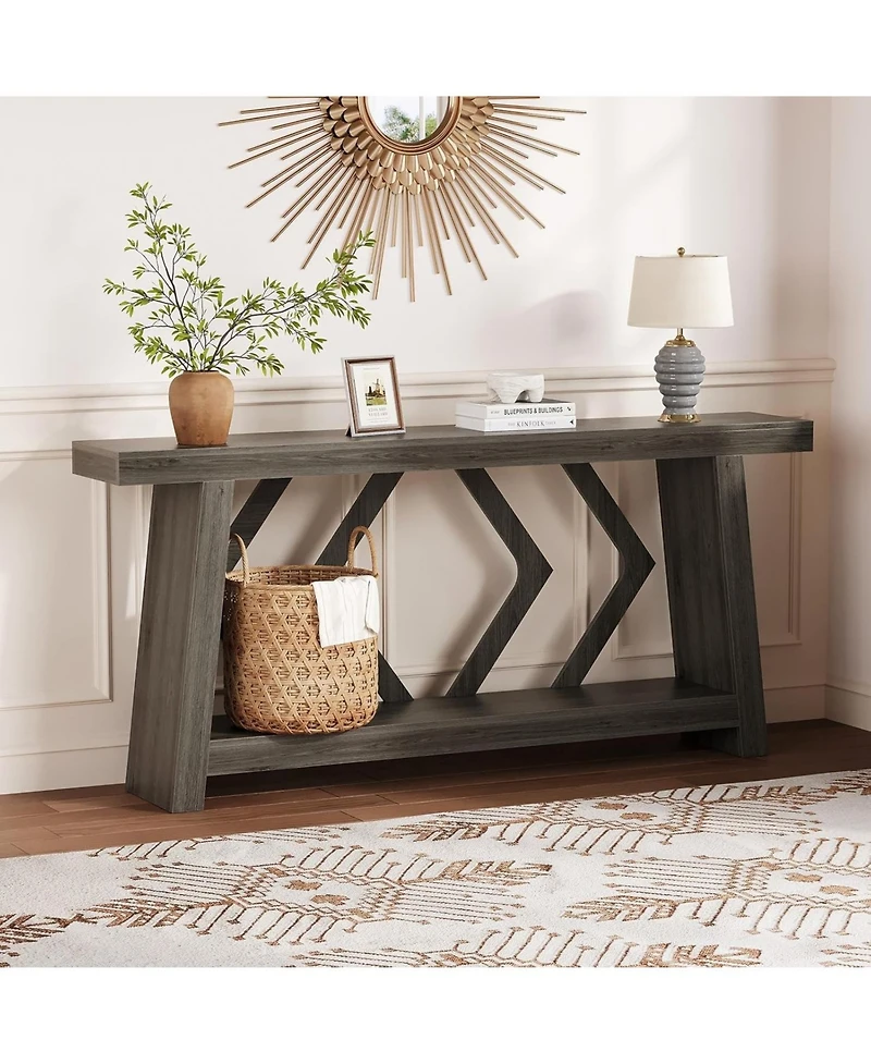 gaomon 70.9 Inch All-Wood Console Table, Ultra-Stable Trapezoid Leg Sofa Table Behind Couch, 2-Tier Extra Long Entryway Table