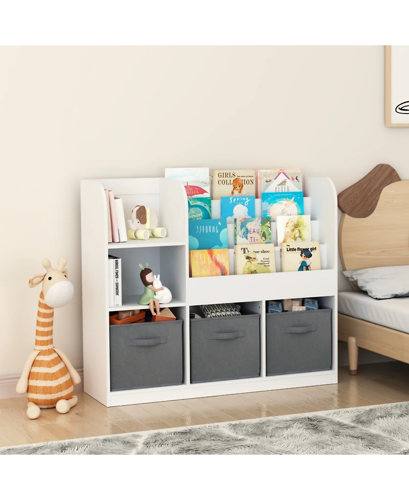 Rainsken Kids Bookcase, with 3 Collapsible Fabric Drawers, Toy Organizers and Storage Bookcase, for Bedroom, Playroom, Hallway