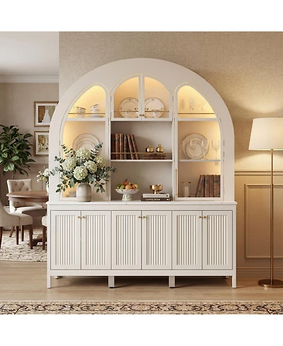 Homsee Modern Cabinet with Bluetooth Led Lighting - Farmhouse Hutch with Rock Texture Finish | Accent Storage Cabinet with Glass Doors