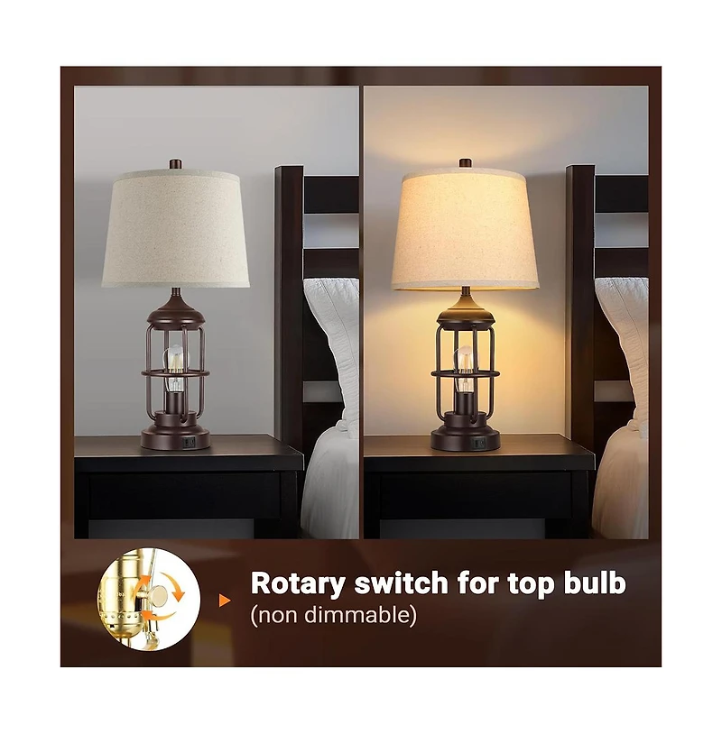 Sofucor 23-inch Table Lamp Set of 2 with Usb Ports, Touch Control 3-Way Dimmable Bedside Lamp with 2 Led Night Light, Farmhouse Rustic Nightstand Lamp
