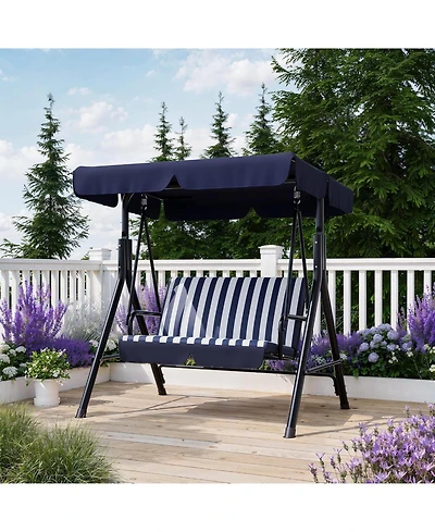 GarveeLife Outdoor Porch Swing with Adjustable Canopy, 3-Seat Swing Chair Heavy Duty Outdoor Swing Metal Frame Patio Swing for Garden Backyard