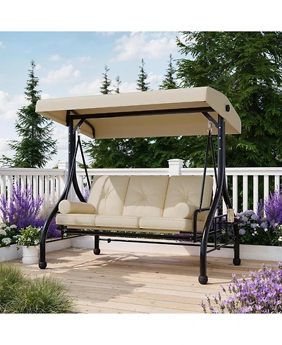 GarveeLife Outdoor Porch Swing with Adjustable Canopy 3 Seat Patio Swing Chair Heavy Duty Outdoor Swing with Cup Holder Tray Cushion
