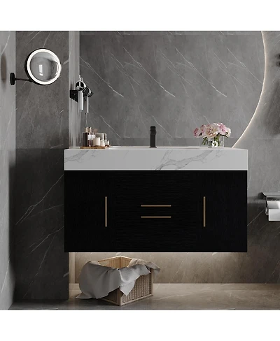 Sillysis Wall Mounted Bathroom Vanity with Faux Marble Top, Soft Close Drawers, Seamless Ceramic Sink, Black Plywood Cabinet