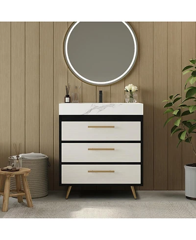 Sillysis Walnut Freestanding Bathroom Vanity with Sintered Stone Top, Ceramic Sink, Tilt-Out and Soft-Close Drawers
