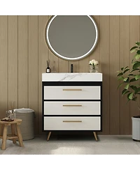 Sillysis Walnut Freestanding Bathroom Vanity with Sintered Stone Top, Ceramic Sink, Tilt-Out and Soft-Close Drawers