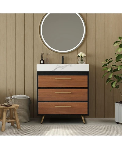 Sillysis Walnut Freestanding Bathroom Vanity with Sintered Stone Top, Ceramic Sink, Tilt-Out and Soft-Close Drawers