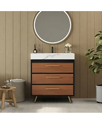 Sillysis Walnut Freestanding Bathroom Vanity with Sintered Stone Top, Ceramic Sink, Tilt-Out and Soft-Close Drawers