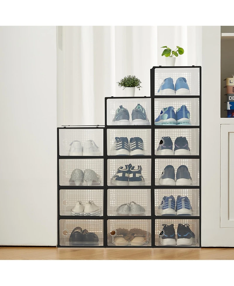 homfan 12Pcs Clear Collapsible Shoe Storage Boxes - Stackable Transparent Organizer Bins for Closet, Home, and Shoes Space-Saving