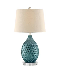 360 Lighting Kate Modern Coastal Table Lamp with Round Riser 25 3/4" High Blue Ceramic Oatmeal Fabric Drum Shade for Bedroom Living Room Bedside Kids