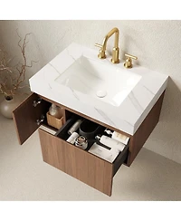 Sillysis Wall Mounted Bathroom Vanity, Carrara Sintered Stone Top, 3-Hole Ceramic Sink, Soft Close Cabinet
