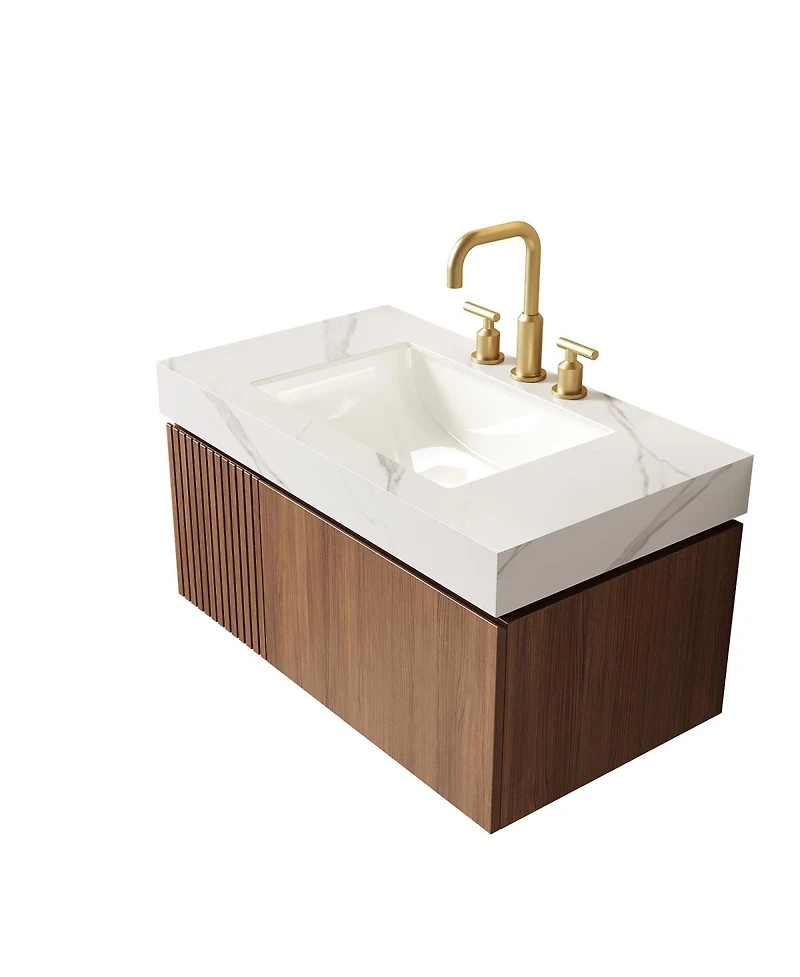 Sillysis Wall Mounted Bathroom Vanity, Carrara Sintered Stone Top, 3-Hole Ceramic Sink, Soft Close Cabinet