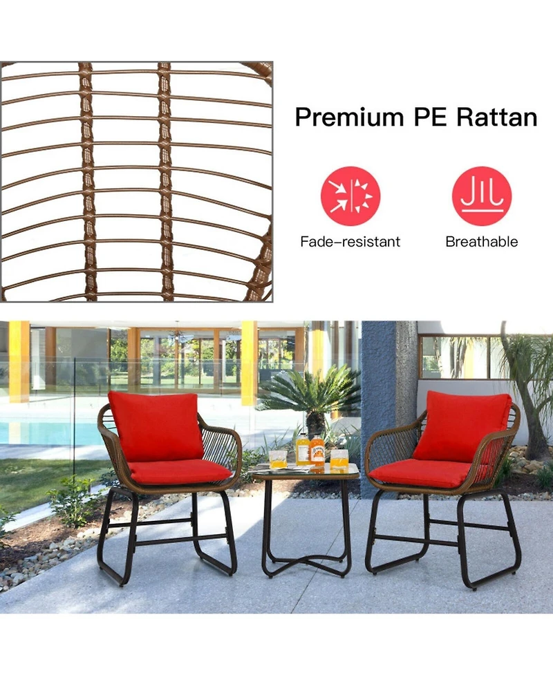 Gouun 3 Piece Outdoor Rattan Bistro Conversation Set with Glass Side Table and 2 Armchairs
