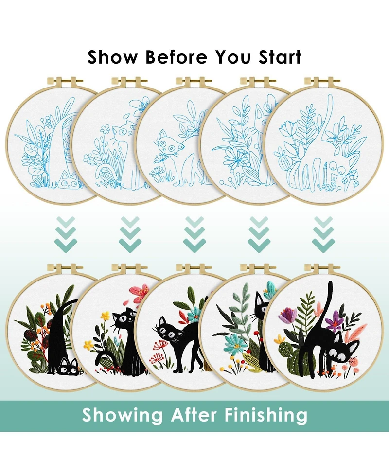 Gnuadz 5 Sets Embroidery Kit Beginners Flower Cross Stitch Cat