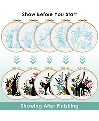 Gnuadz 5 Sets Embroidery Kit Beginners Flower Cross Stitch Cat