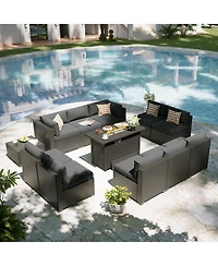 Aoxun 12-Piece Outdoor Black Wicker Patio Conversation Set with 44" Propane Fire Pit Table and Cushions