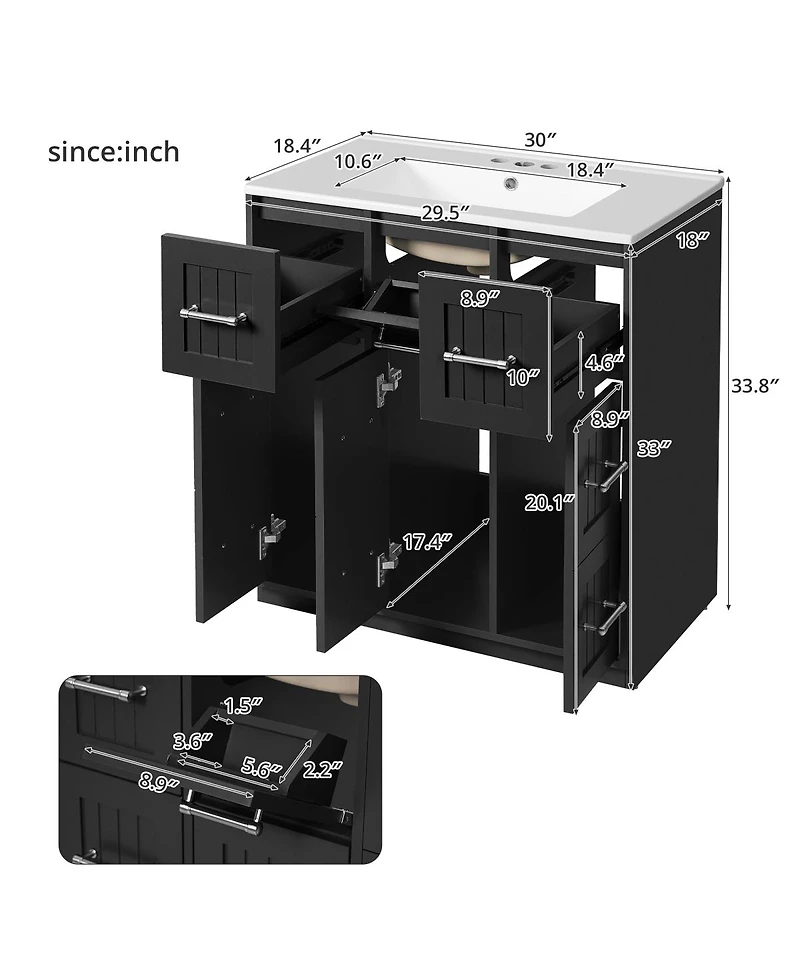 Sillysis 30 Inch Modern Bathroom Vanity with Ceramic Sink, Tip-Out Drawer, Soft Close Doors, Flexible Storage for