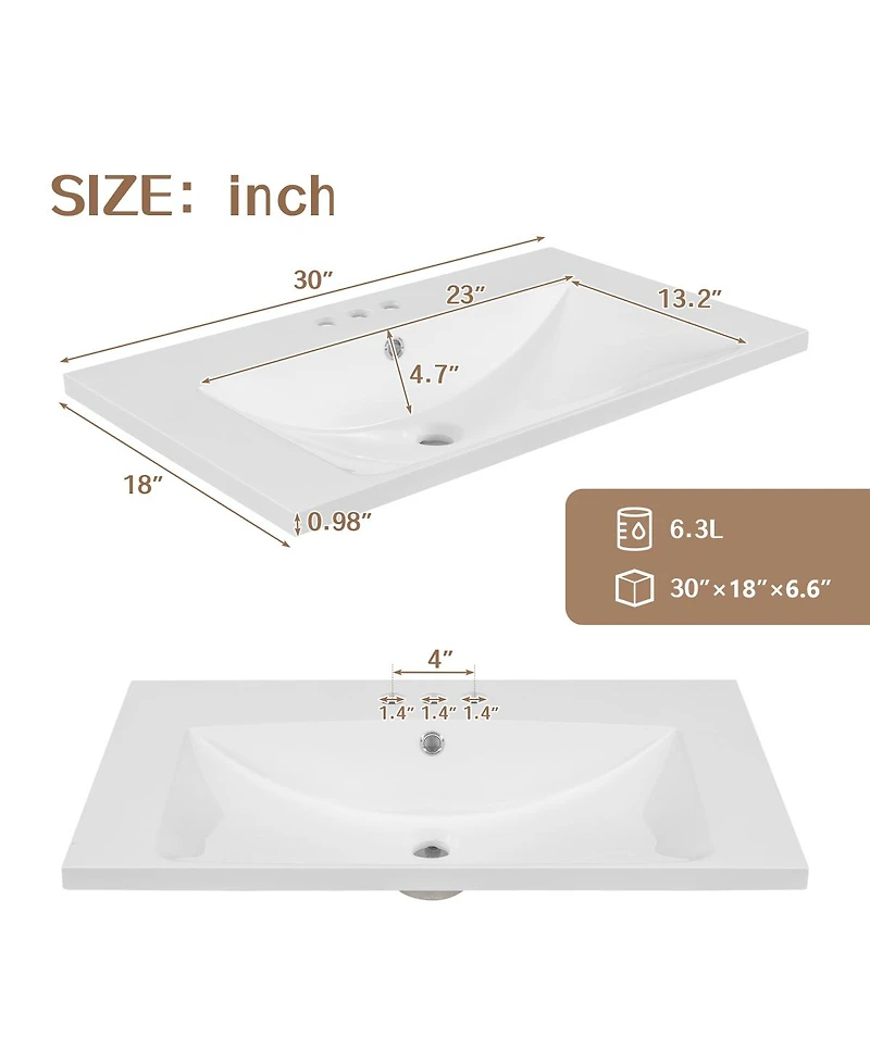 Sillysis 30 Inch Modern Bathroom Vanity with Ceramic Sink, Solid Wood, Multiple Drawers and Door Shelf for Stylish Bath